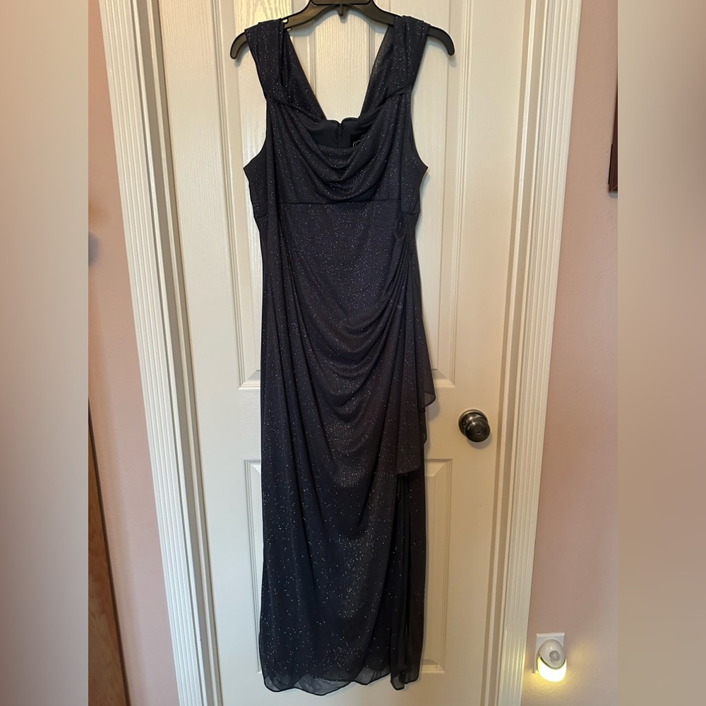 Dark grey, sparkly full length evening gown with stretch. Very flattering!